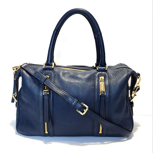 Michael Kors Julia Navy Blue Large Leather Satchel Handbag Crossbody - Picture 1 of 13